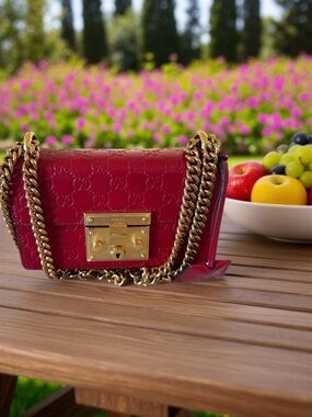 Gucci Cherry Red Guccissima Leather Chain Shoulder Bag with Gold Hardware